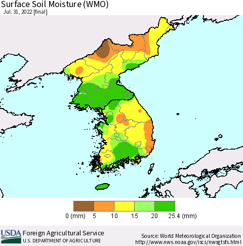 Korea Surface Soil Moisture (WMO) Thematic Map For 7/25/2022 - 7/31/2022