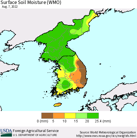 Korea Surface Soil Moisture (WMO) Thematic Map For 8/1/2022 - 8/7/2022