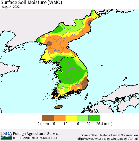 Korea Surface Soil Moisture (WMO) Thematic Map For 8/8/2022 - 8/14/2022
