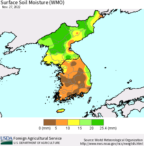 Korea Surface Soil Moisture (WMO) Thematic Map For 11/21/2022 - 11/27/2022