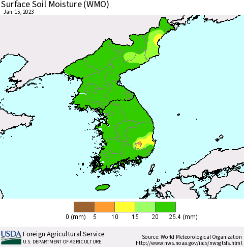 Korea Surface Soil Moisture (WMO) Thematic Map For 1/9/2023 - 1/15/2023