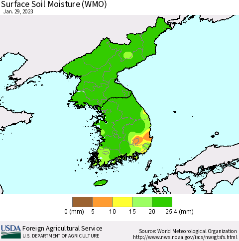 Korea Surface Soil Moisture (WMO) Thematic Map For 1/23/2023 - 1/29/2023