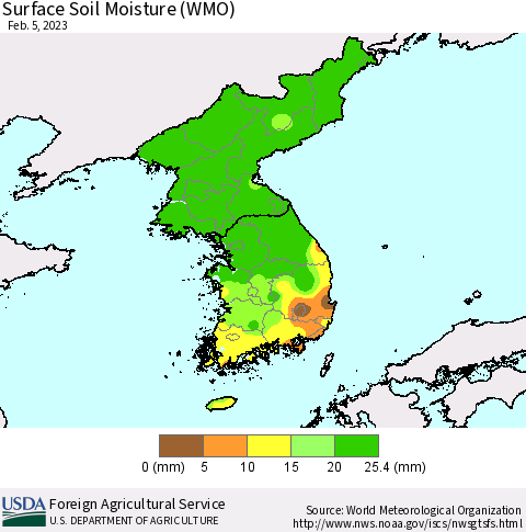 Korea Surface Soil Moisture (WMO) Thematic Map For 1/30/2023 - 2/5/2023