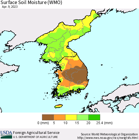 Korea Surface Soil Moisture (WMO) Thematic Map For 4/3/2023 - 4/9/2023