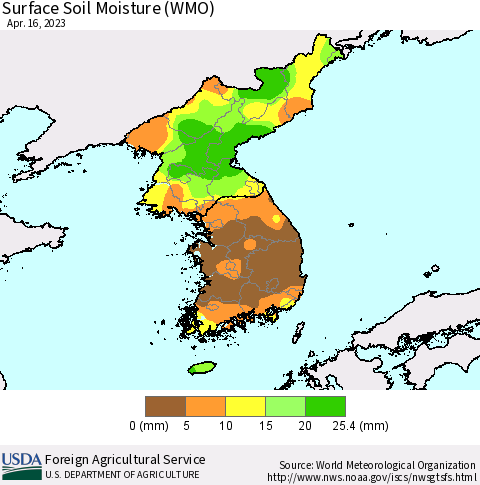 Korea Surface Soil Moisture (WMO) Thematic Map For 4/10/2023 - 4/16/2023