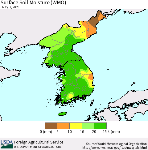 Korea Surface Soil Moisture (WMO) Thematic Map For 5/1/2023 - 5/7/2023