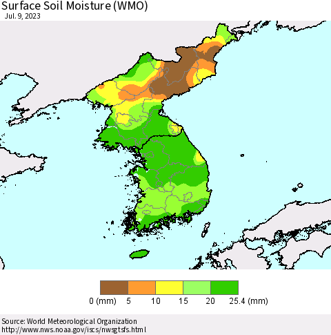 Korea Surface Soil Moisture (WMO) Thematic Map For 7/3/2023 - 7/9/2023