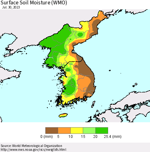 Korea Surface Soil Moisture (WMO) Thematic Map For 7/24/2023 - 7/30/2023