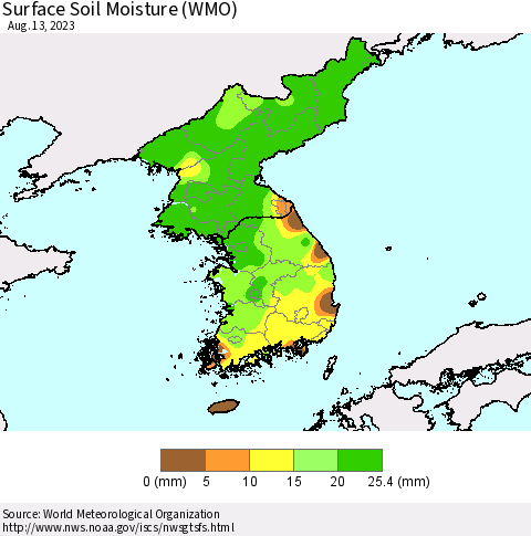 Korea Surface Soil Moisture (WMO) Thematic Map For 8/7/2023 - 8/13/2023