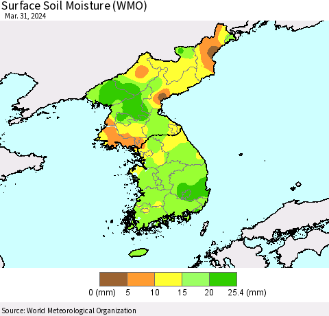 Korea Surface Soil Moisture (WMO) Thematic Map For 3/25/2024 - 3/31/2024