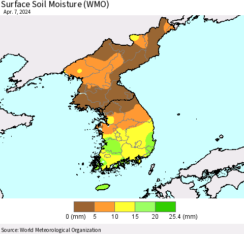 Korea Surface Soil Moisture (WMO) Thematic Map For 4/1/2024 - 4/7/2024
