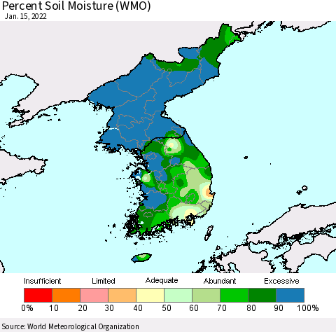 Korea Percent Soil Moisture (WMO) Thematic Map For 1/11/2022 - 1/15/2022