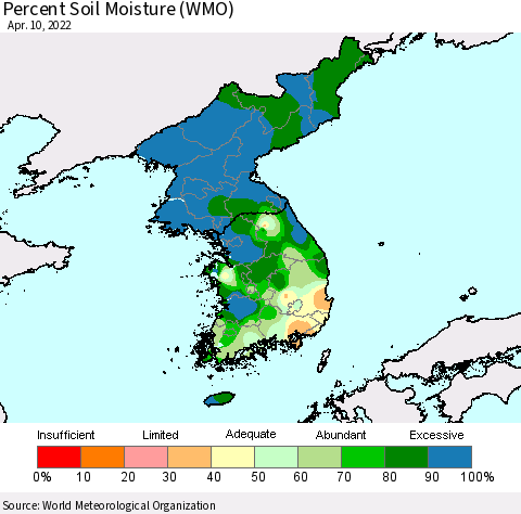 Korea Percent Soil Moisture (WMO) Thematic Map For 4/6/2022 - 4/10/2022