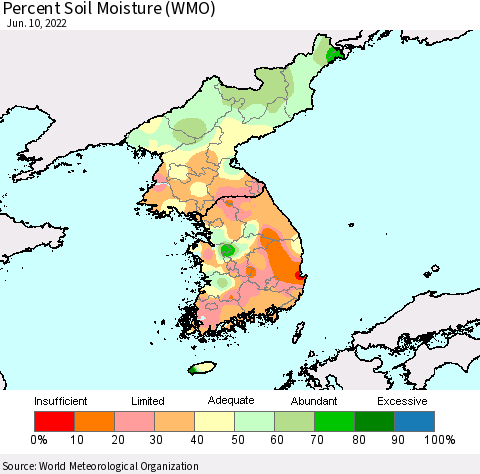 Korea Percent Soil Moisture (WMO) Thematic Map For 6/6/2022 - 6/10/2022