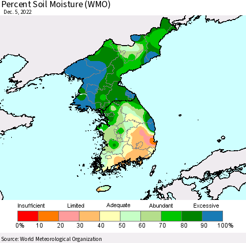 Korea Percent Soil Moisture (WMO) Thematic Map For 12/1/2022 - 12/5/2022