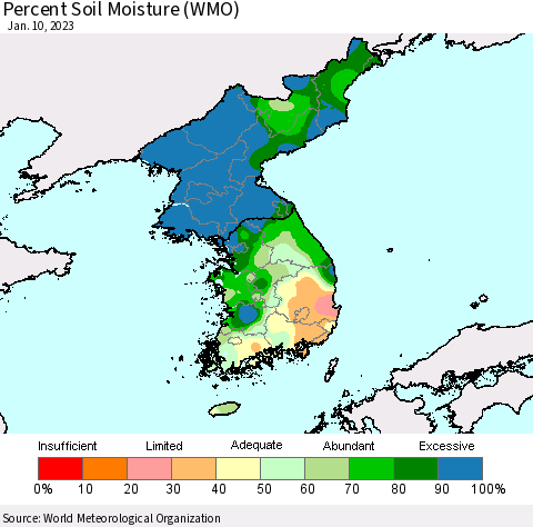 Korea Percent Soil Moisture (WMO) Thematic Map For 1/6/2023 - 1/10/2023