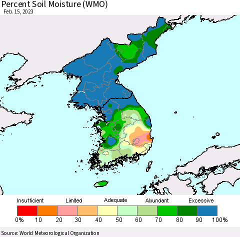 Korea Percent Soil Moisture (WMO) Thematic Map For 2/11/2023 - 2/15/2023