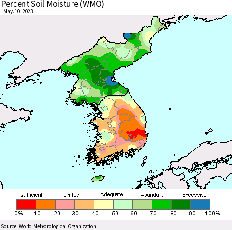 Korea Percent Soil Moisture (WMO) Thematic Map For 5/6/2023 - 5/10/2023