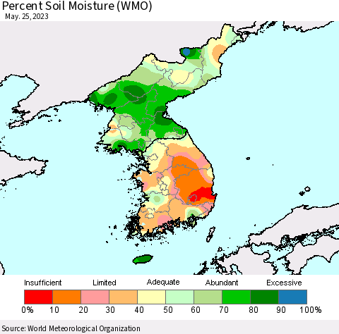 Korea Percent Soil Moisture (WMO) Thematic Map For 5/21/2023 - 5/25/2023