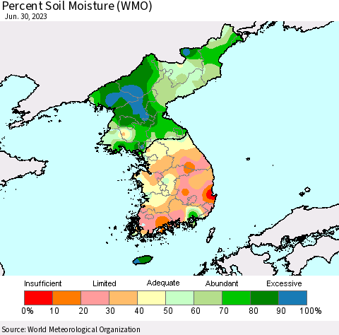 Korea Percent Soil Moisture (WMO) Thematic Map For 6/26/2023 - 6/30/2023