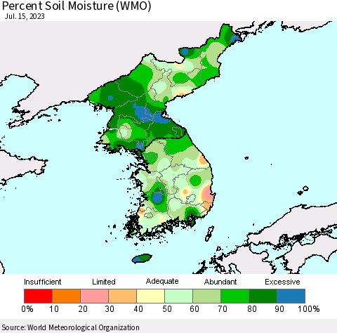 Korea Percent Soil Moisture (WMO) Thematic Map For 7/11/2023 - 7/15/2023