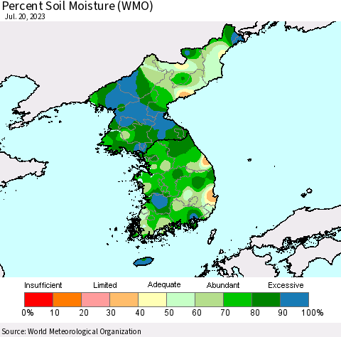 Korea Percent Soil Moisture (WMO) Thematic Map For 7/16/2023 - 7/20/2023