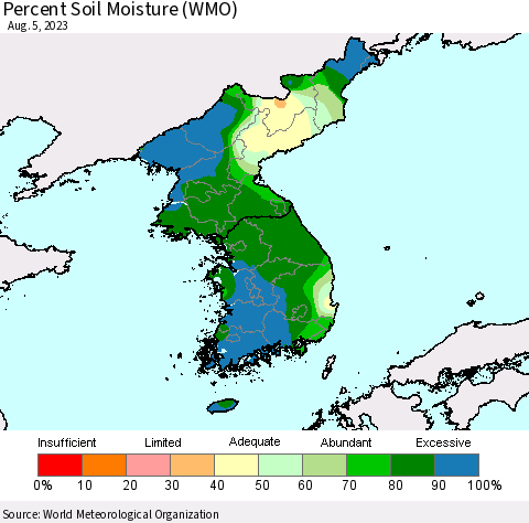 Korea Percent Soil Moisture (WMO) Thematic Map For 8/1/2023 - 8/5/2023