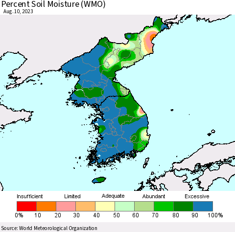 Korea Percent Soil Moisture (WMO) Thematic Map For 8/6/2023 - 8/10/2023