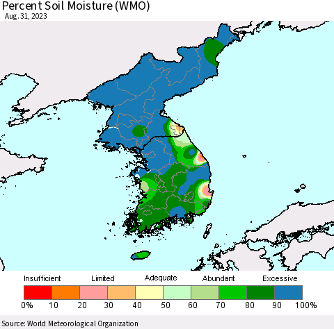 Korea Percent Soil Moisture (WMO) Thematic Map For 8/26/2023 - 8/31/2023