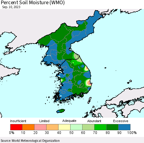 Korea Percent Soil Moisture (WMO) Thematic Map For 9/6/2023 - 9/10/2023