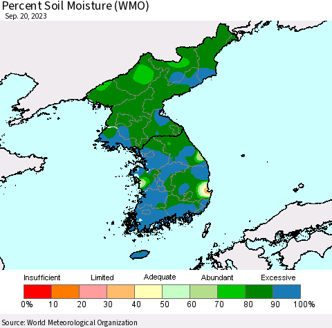 Korea Percent Soil Moisture (WMO) Thematic Map For 9/16/2023 - 9/20/2023