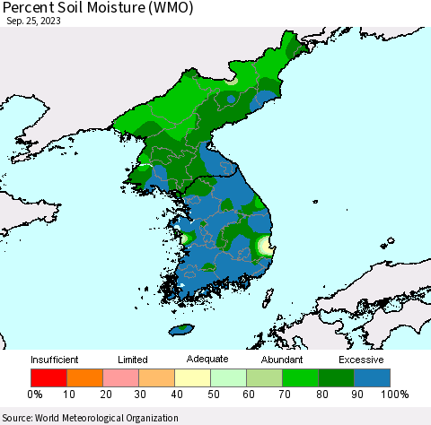 Korea Percent Soil Moisture (WMO) Thematic Map For 9/21/2023 - 9/25/2023