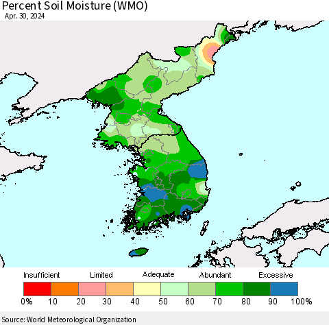 Korea Percent Soil Moisture (WMO) Thematic Map For 4/26/2024 - 4/30/2024