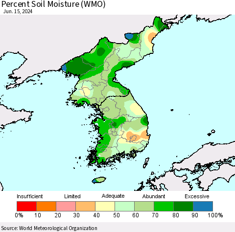 Korea Percent Soil Moisture (WMO) Thematic Map For 6/11/2024 - 6/15/2024