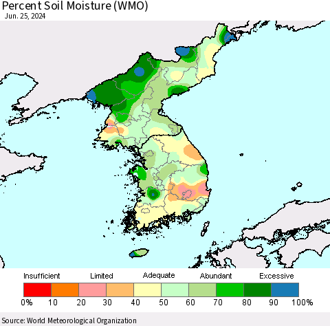 Korea Percent Soil Moisture (WMO) Thematic Map For 6/21/2024 - 6/25/2024