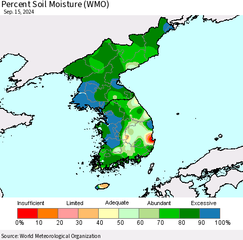 Korea Percent Soil Moisture (WMO) Thematic Map For 9/11/2024 - 9/15/2024