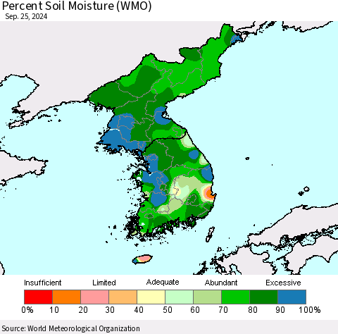 Korea Percent Soil Moisture (WMO) Thematic Map For 9/21/2024 - 9/25/2024