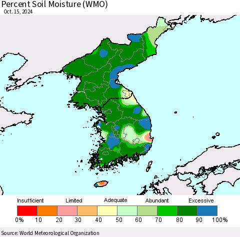 Korea Percent Soil Moisture (WMO) Thematic Map For 10/11/2024 - 10/15/2024