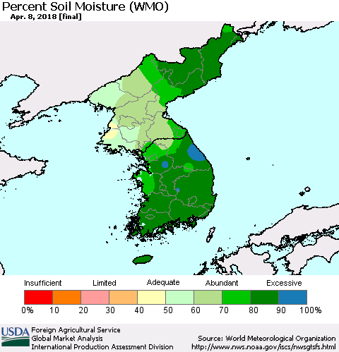 Korea Percent Soil Moisture (WMO) Thematic Map For 4/2/2018 - 4/8/2018