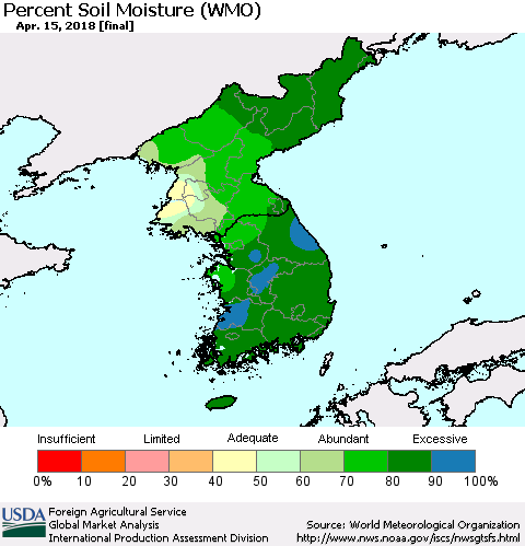 Korea Percent Soil Moisture (WMO) Thematic Map For 4/9/2018 - 4/15/2018