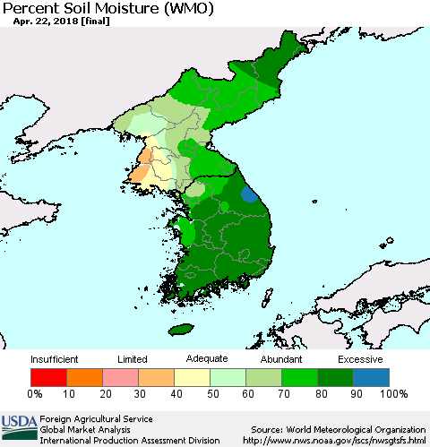 Korea Percent Soil Moisture (WMO) Thematic Map For 4/16/2018 - 4/22/2018