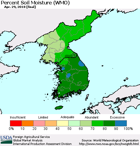 Korea Percent Soil Moisture (WMO) Thematic Map For 4/23/2018 - 4/29/2018