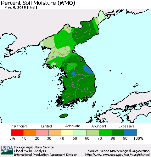 Korea Percent Soil Moisture (WMO) Thematic Map For 4/30/2018 - 5/6/2018