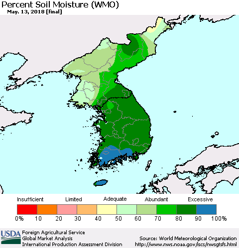 Korea Percent Soil Moisture (WMO) Thematic Map For 5/7/2018 - 5/13/2018