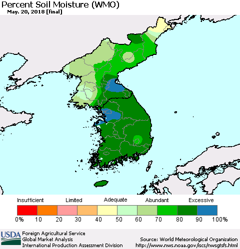 Korea Percent Soil Moisture (WMO) Thematic Map For 5/14/2018 - 5/20/2018