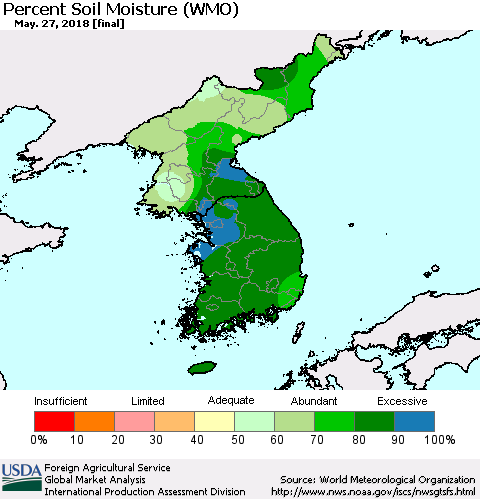Korea Percent Soil Moisture (WMO) Thematic Map For 5/21/2018 - 5/27/2018