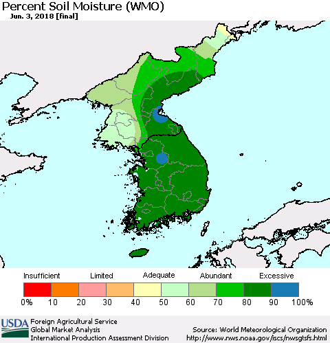 Korea Percent Soil Moisture (WMO) Thematic Map For 5/28/2018 - 6/3/2018