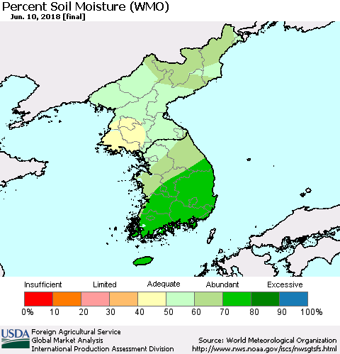 Korea Percent Soil Moisture (WMO) Thematic Map For 6/4/2018 - 6/10/2018