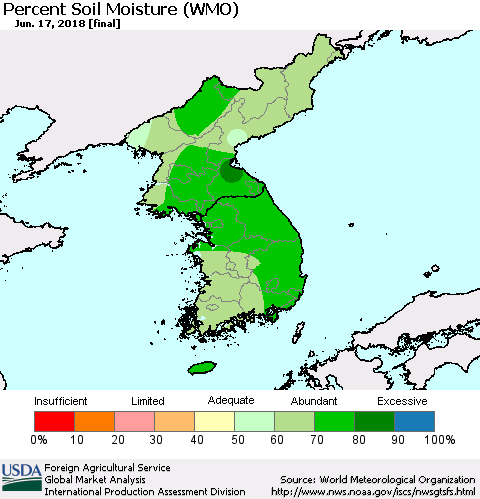 Korea Percent Soil Moisture (WMO) Thematic Map For 6/11/2018 - 6/17/2018
