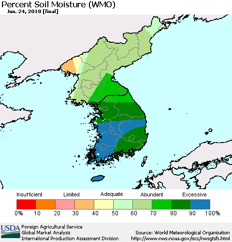 Korea Percent Soil Moisture (WMO) Thematic Map For 6/18/2018 - 6/24/2018
